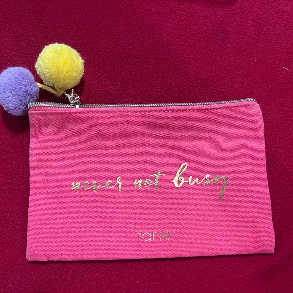 tarte Hot Pink Cosmetic Pouch with Yellow & Lavender Pom Poms